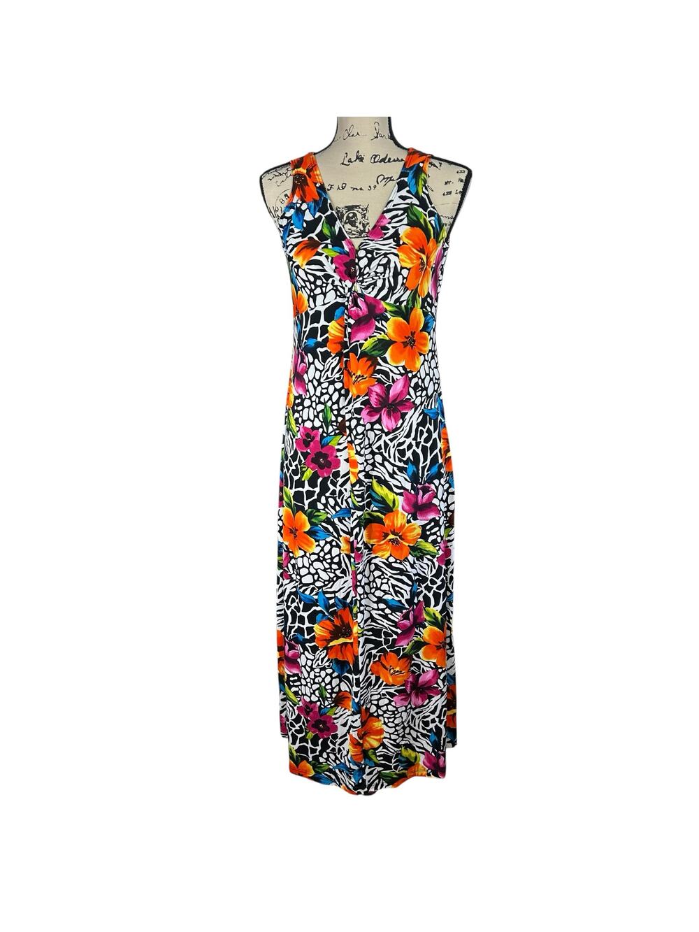 Slinky Brand Maxi Dress Size Small Vibrant Colorful Floral Empire Waist Stretch